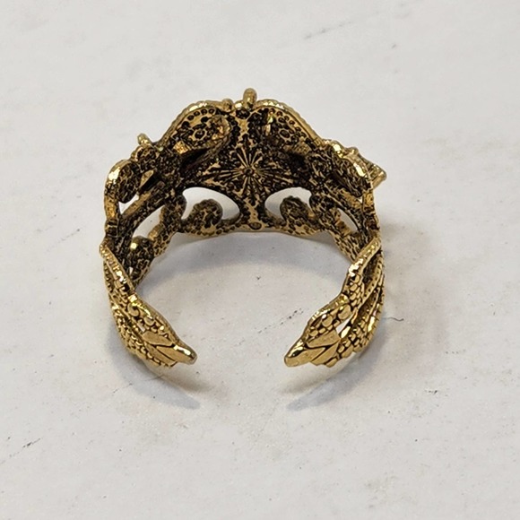 Filigree Green Crystal Gold Tone Cocktail Ring Adjustable Band Open Work Ornate - Picture 5 of 5
